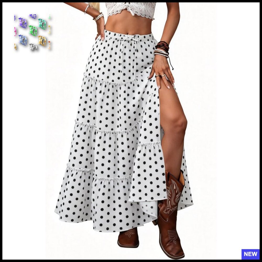 Boho Maxi Skirt With Side Slit Tiered A-Line Elastic Waist Pockets Summer